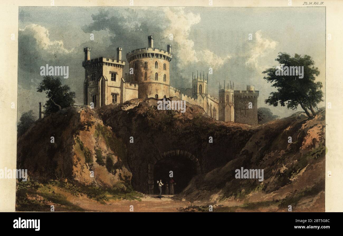 Belvoir Castle, Leicestershire, seat of John Manners, 5th Duke of Rutland. Built in the romantic Gothic Revival style to designs by the architect James Wyatt and restored by Sir James Thornton. Handcoloured copperplate engraving after an illustration by W. Westall from Rudolph Ackermanns Repository of Arts, London, 1825. Stock Photo