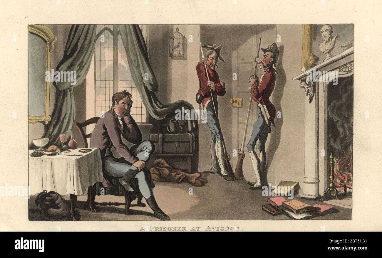 English gentleman held captive by two Papal guards in uniform in a room in Avignon. A prisoner at Avignon. Handcoloured copperplate engraving after an illustration by Thomas Rowlandson from Journal of Sentimental Travels in the Southern Provinces of France, translated and abridged from Moritz August von Thummels Reise in die mittäglichen Provinzen van Frankreich im Jahre 17851786, Rudolph Ackermann, London, 1821. Stock Photo