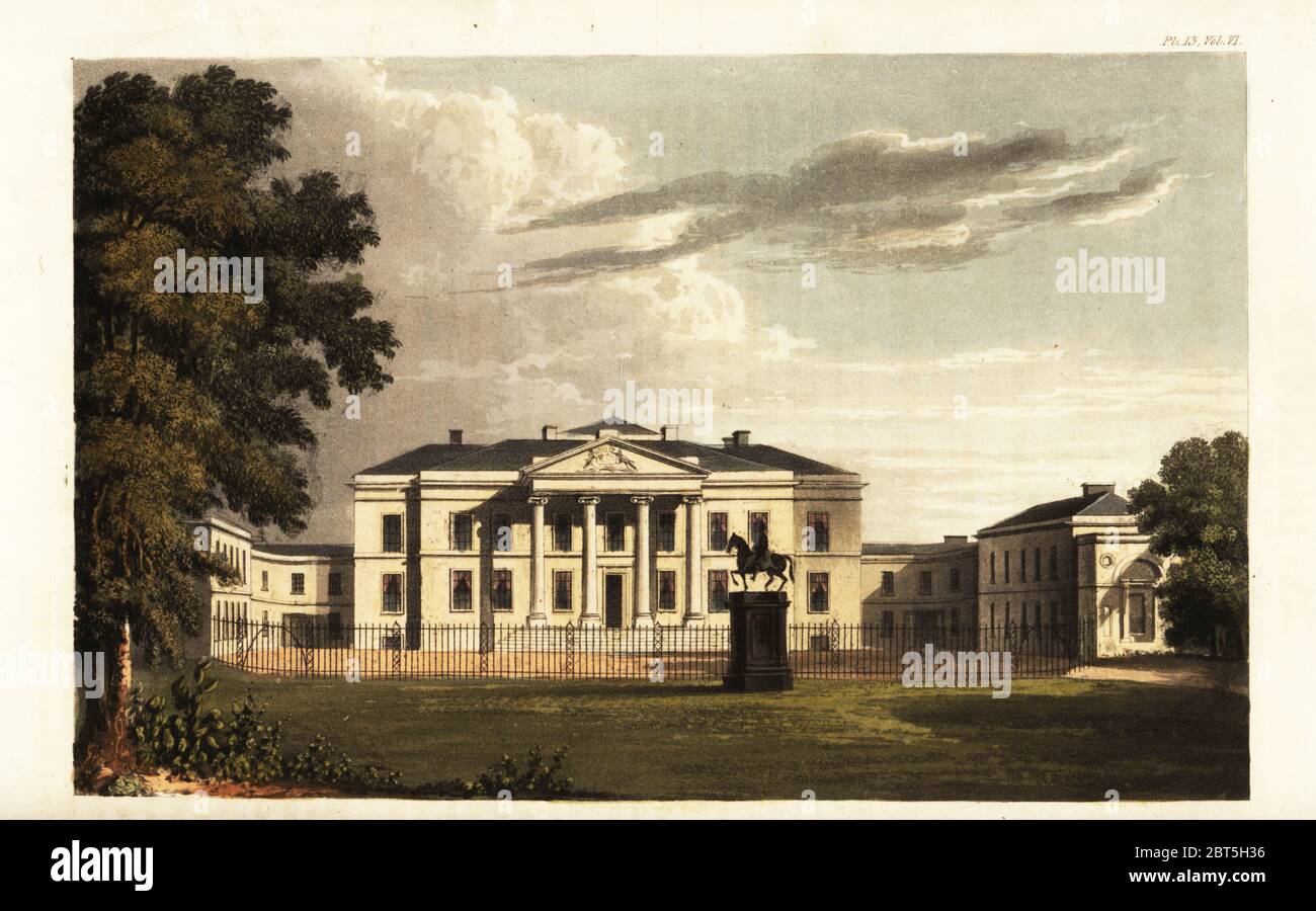 Hackwood Park House, Basingstoke, seat of Thomas Orde Powlett, 1st Baron Bolton. Statue of King George I in front of Ionic portico designed by architect Lewis Wyatt, with gardens landscaped by Charles Bridgeman and later by Lady Bolton. Handcoloured copperplate engraving from Rudolph Ackermanns Repository of Arts, London, 1825. Stock Photo