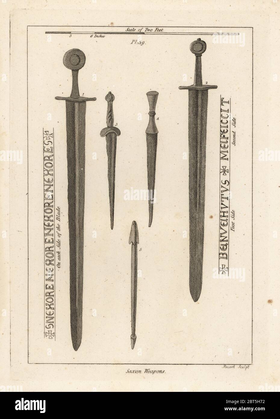Saxon weapons: ancient iron sword 1,2, and dirks and daggers 3,4 found in the River Wytham, Lincolnshire, and a crossbow bolt found in the camp at Danbury, Essex 5. Copperplate engraving by Record from Francis Grose's Military Antiquities respecting a History of the English Army, Stockdale, London, 1812. Stock Photo