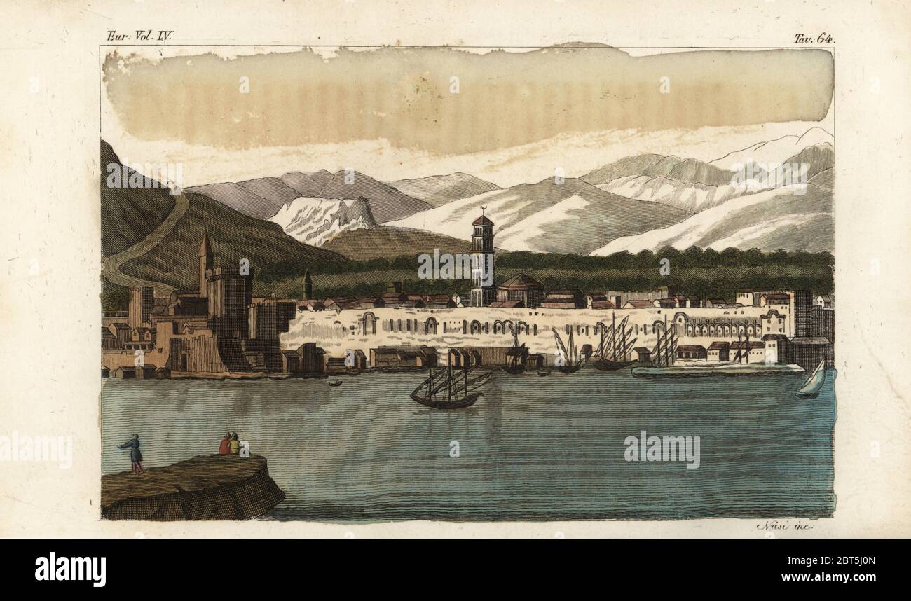 Diocletian's Palace, now part of the old town of Split, Croatia. Parte del Palazzo di Diocleziano. Handcoloured copperplate engraving by Nasi from Giulio Ferrarios Costumes Ancient and Modern of the Peoples of the World, Il Costume Antico e Modern o Story, Florence, 1842. Stock Photo