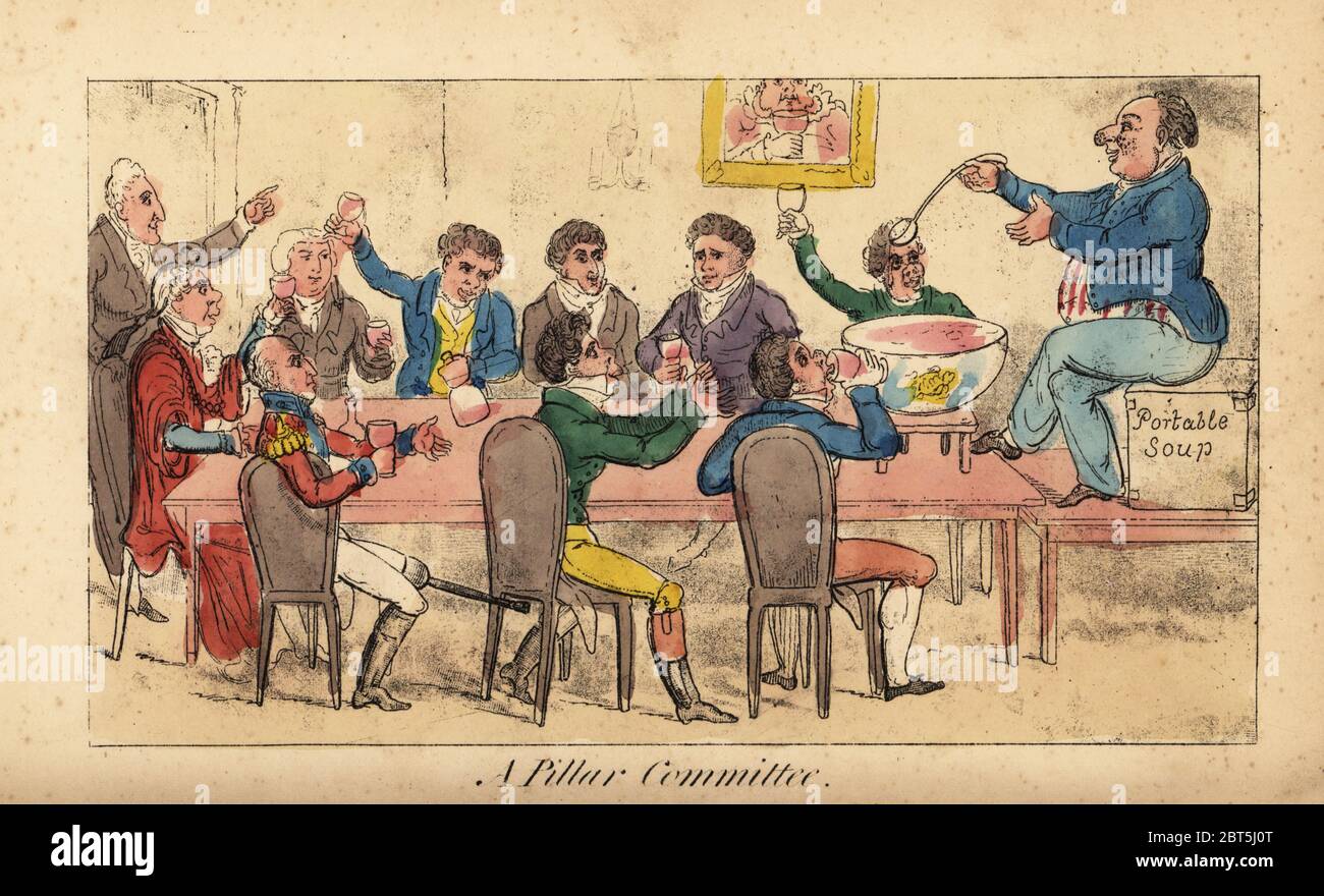 Irish gentlemen drinking punch at a committee meeting to discuss a pillar to commemorate King George IVs visit to Ireland. A pillar committee. Handcoloured engraving after an illustration by from Pierce Egans Real Life in Ireland, or the Day and Night Scenes, Rovings, Rambles, and Sprees, Bulls, Blunders, Bodderation and Blarney, of Brian Boru Esq., and his Elegant Friend Sir Shawn ODogherty, published by William Evans, London, 1829. Stock Photo
