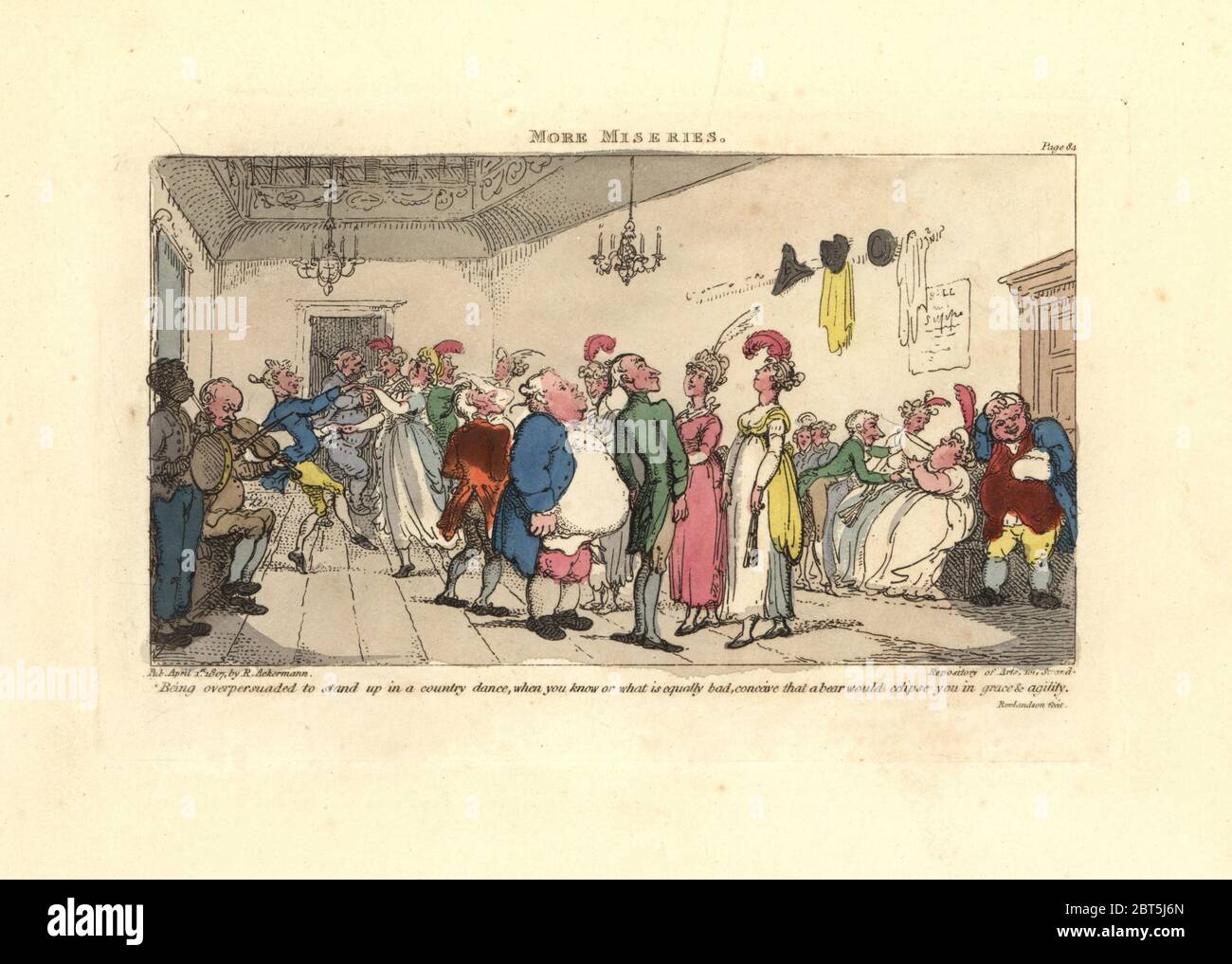 Man embarrassed at being made to dance at a country dance. More Miseries. Handcoloured copperplate engraving designed and etched by Thomas Rowlandson to accompany Reverend James Beresfords Miseries of Human Life, Ackermann, 1808. Stock Photo