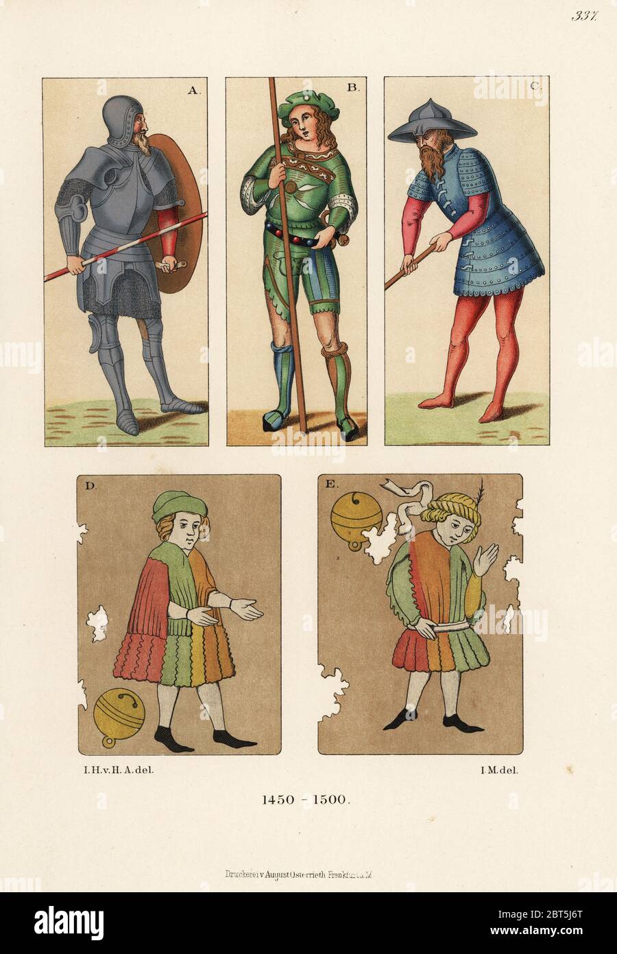 Italian male costumes of the late 15th century. Soldier in armour A and soldier in Eisenhut or kettle hat C from an oil painting, Landsknecht lancer B from an enamel painting, and men in mi-parti doublets from German playing cards. Chromolithograph from Hefner-Alteneck's Costumes, Artworks and Appliances from the Middle Ages to the 17th Century, Frankfurt, 1889. Illustration by Dr. Jakob Heinrich von Hefner-Alteneck, lithographed by I.M. Dr. Hefner-Alteneck (1811 - 1903) was a German museum curator, archaeologist, art historian, illustrator and etcher. Stock Photo