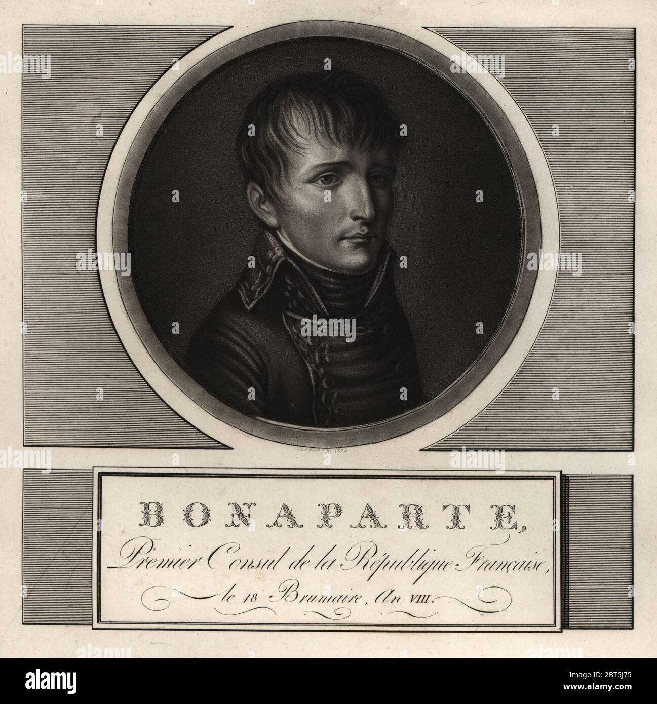 Napoleon Bonaparte, First Consul of the French Republic, An VIII. Mezzotint drawn and engraved by Jean Duplessis-Bertaux from his Collection Complete de 60 Portraits des Personnages qui ont le plus Figure dans la Revolution Francaise, Auber, Pairs, 1800. Stock Photo