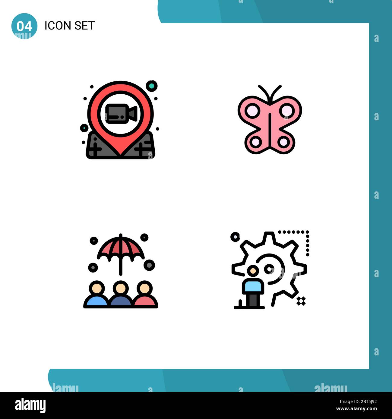 Set of 4 Modern UI Icons Symbols Signs for film, insurance, pin, fly, umbrella Editable Vector Design Elements Stock Vector