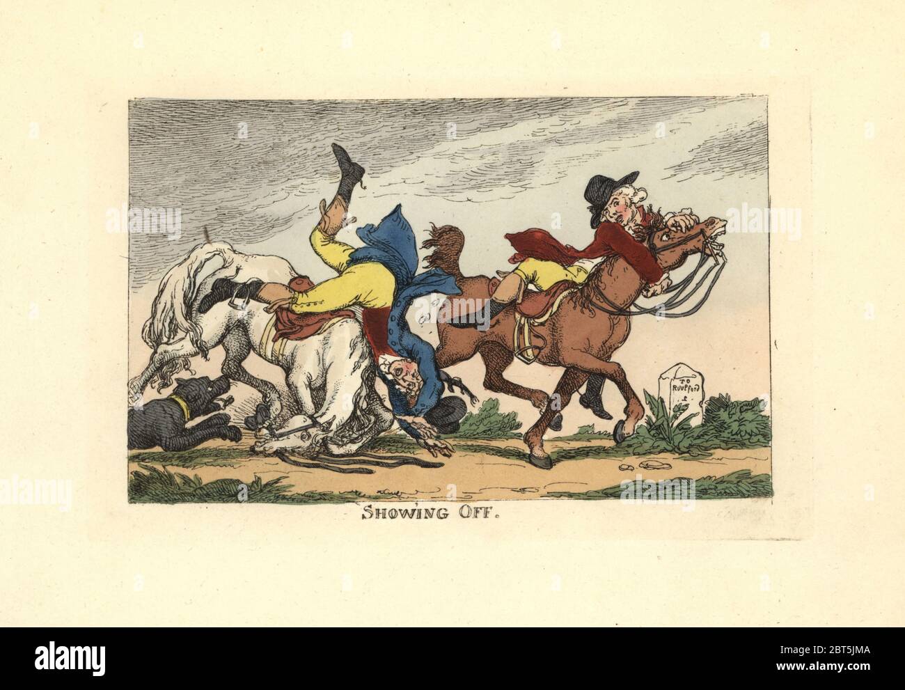 Two men falling off their horses after showing off. Showing Off. Handcoloured copperplate engraving designed and etched by Thomas Rowlandson to accompany Reverend James Beresfords Miseries of Human Life, Ackermann, 1808. Stock Photo