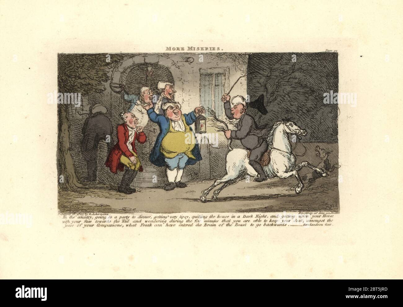 Tipsy man riding a horse facing the tail to the amusement of his friends. Handcoloured copperplate engraving designed and etched by Thomas Rowlandson to accompany Reverend James Beresfords Miseries of Human Life, Ackermann, 1808. Stock Photo