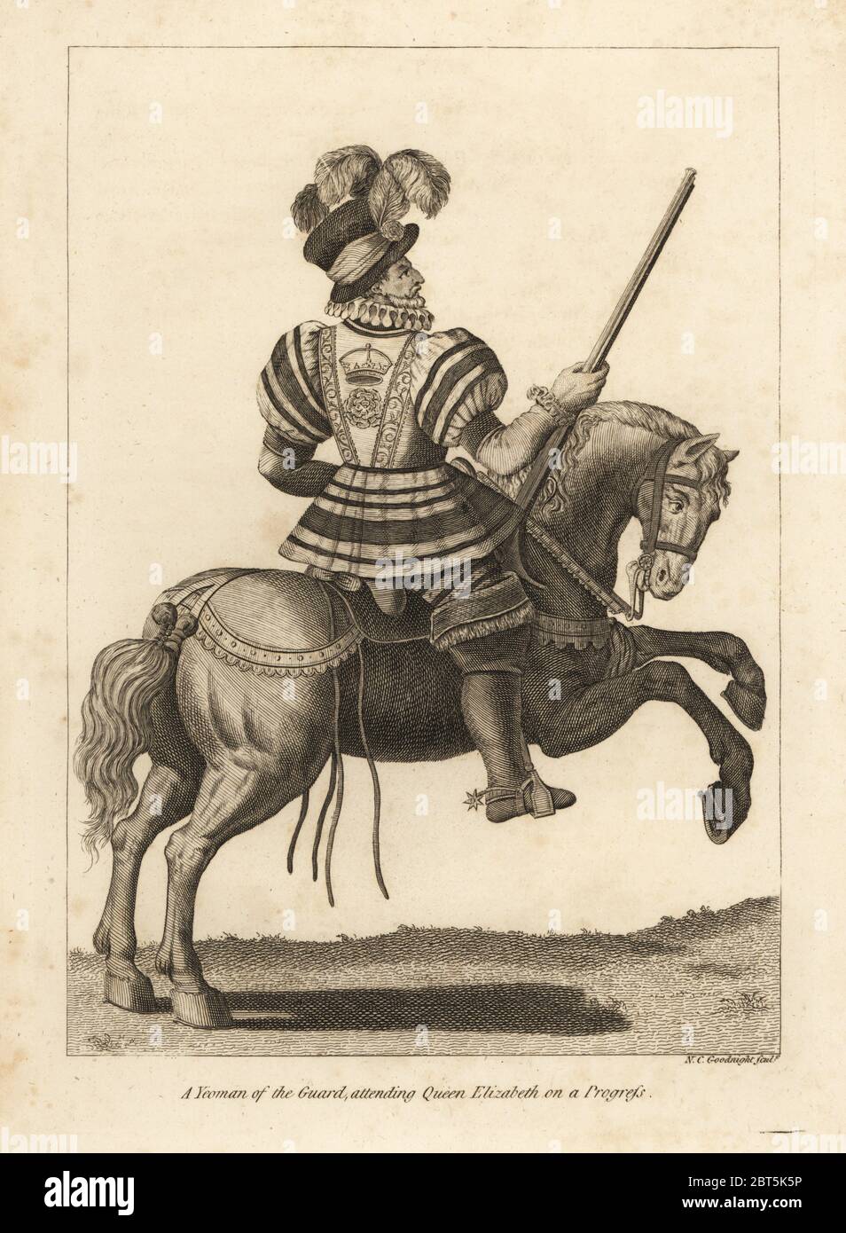 A Yeoman of the Guard attending Queen Elizabeth I on a Progress. Copperplate engraving by N.C. Goodnight from Francis Grose's Military Antiquities respecting a History of the English Army, Stockdale, London, 1812. Stock Photo