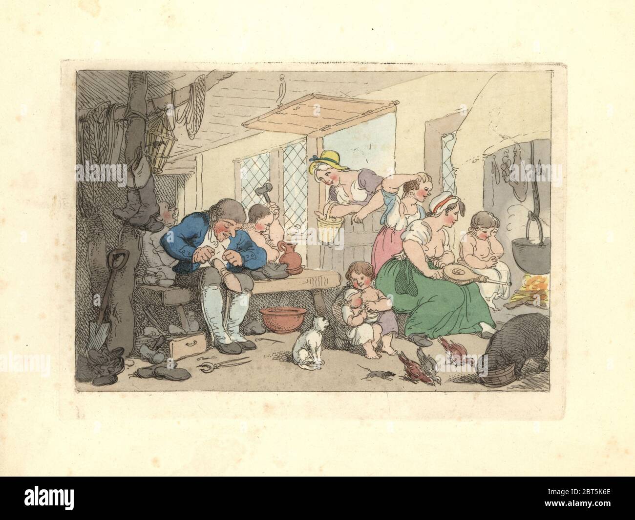 Regency cobbler mending shoes in a room full of women and children. Buxom wife using bellows on the fire in the hearth. Handcoloured copperplate engraving designed and etched by Thomas Rowlandson to accompany Reverend James Beresfords Miseries of Human Life, Ackermann, 1808. Stock Photo