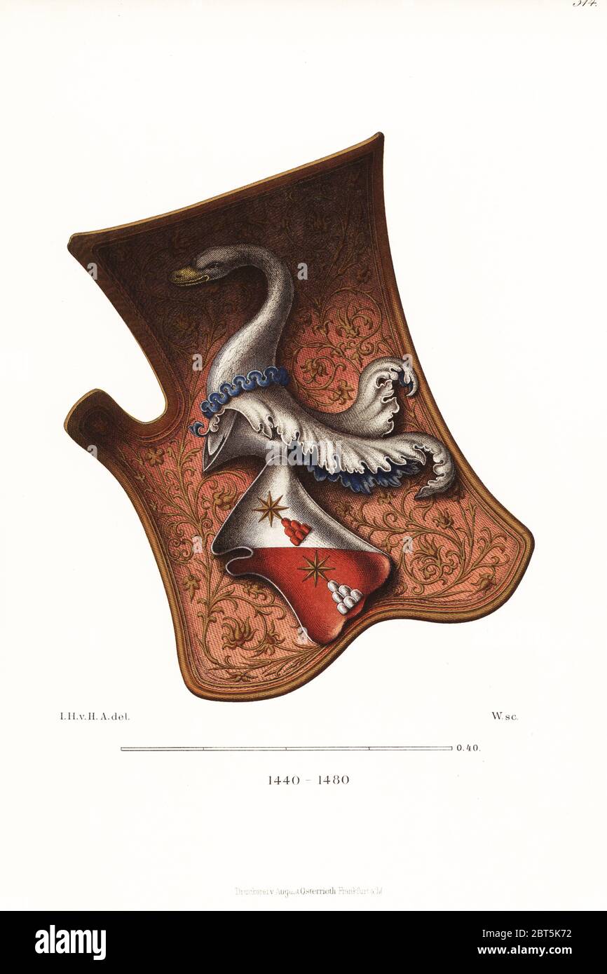 Italian heraldic shield or targe from the mid-15th century. With escutcheon and coat of arms, great helm crested with a swans head, the crest of the Chigi family of Sienna. Chromolithograph from Hefner-Alteneck's Costumes, Artworks and Appliances from the Middle Ages to the 17th Century, Frankfurt, 1889. Illustration by Dr. Jakob Heinrich von Hefner-Alteneck, lithographed by C.R. Dr. Hefner-Alteneck (1811 - 1903) was a German museum curator, archaeologist, art historian, illustrator and etcher. Stock Photo