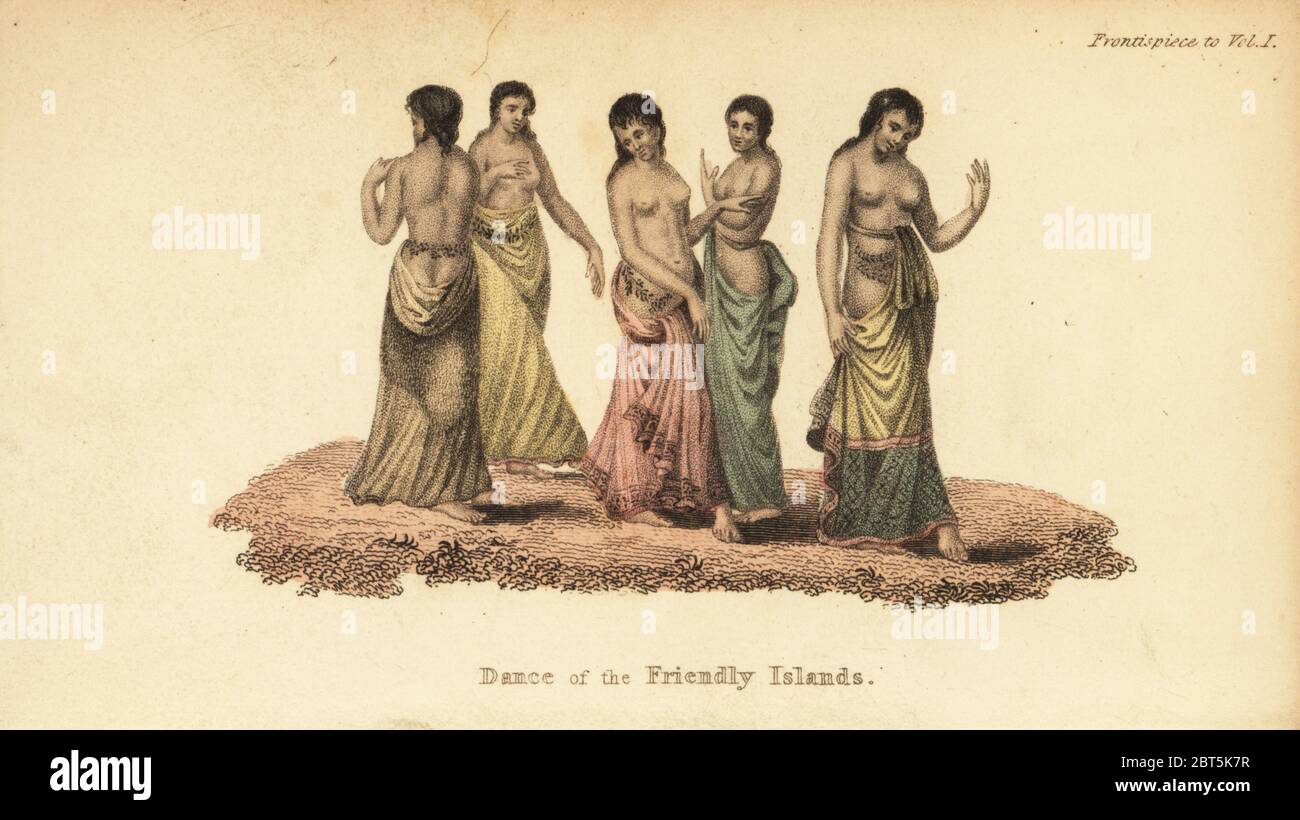 Women dancing for Queen Tine on the Island of Tonga (dance of the Friendly Islands). Handcoloured stipple engraving from Frederic Shoberl's The World in Miniature: The South Sea Islands, Ackermann, London, 1824. Copied from an illustration by Piron from An Account of A Voyage in search of La Perouse. Stock Photo