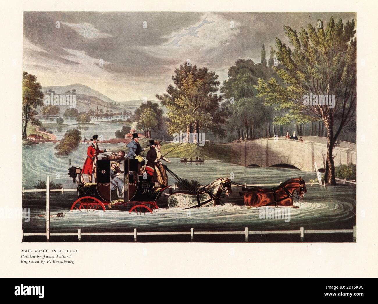 Mail coach in a flood. Royal mail four-horse coach with liveried guard driving through a flooded riverside road, 1820s. Color print after an engraving by F. Rosenbourg from an illustration by James Pollard in Ralph Nevills Old Sporting Prints, The Connoisseur Magazine, London, 1908. Stock Photo