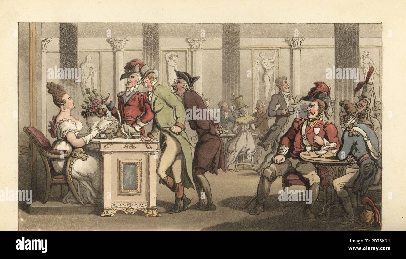 Young English gentleman flirting with the Fair Limonadiere in the Cafe de Mille Colonnes, Palais Royal, Paris. Waiters bringing hot chocolate to fashionable ladies, soldiers and officers. Handcoloured copperplate engraving after an illustration by Thomas Rowlandson from William Combes The Dance of Life, Rudolph Ackermann, London, 1817. Stock Photo