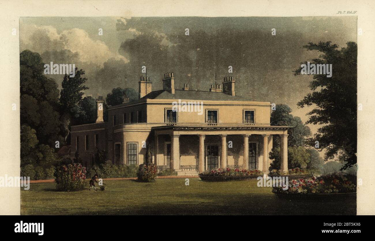 Wimbledon Park House. Built in 1801 by George John Spencer, 2nd Earl Spencer, designed by architect Henry Holland with gardens by Capability Brown. Handcoloured copperplate engraving after an illustration by T.H. Shepherd from Rudolph Ackermanns Repository of Arts, London, 1825. Stock Photo