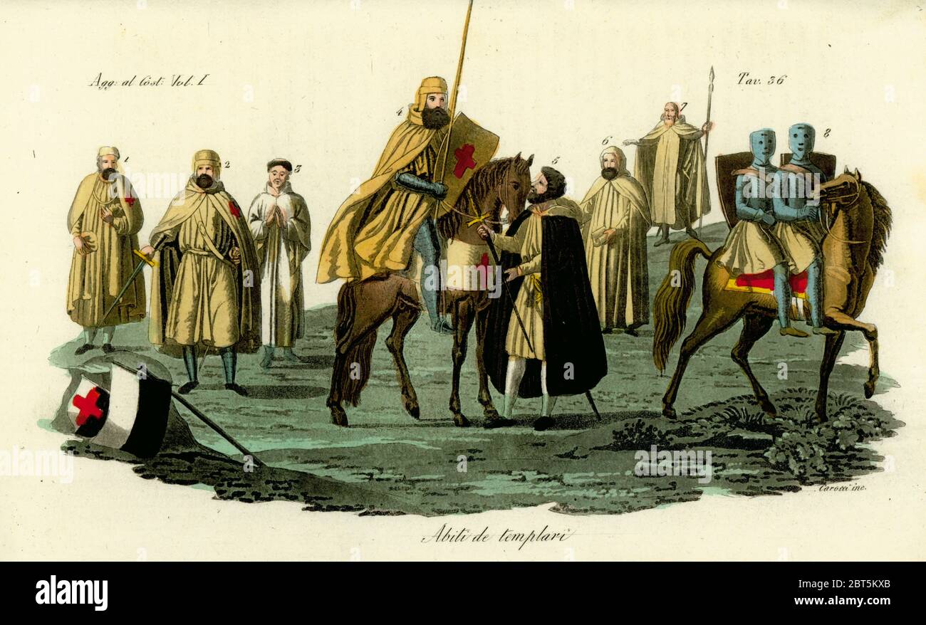 Knights of the Order of Solomons Temple or Knights Templar. Abiti dei Templari. Handcoloured copperplate engraving by Carocci after Giulio Ferrario in his Costumes Ancient and Modern of the Peoples of the World, Il Costume Antico e Moderno, Florence, 1833. Stock Photo