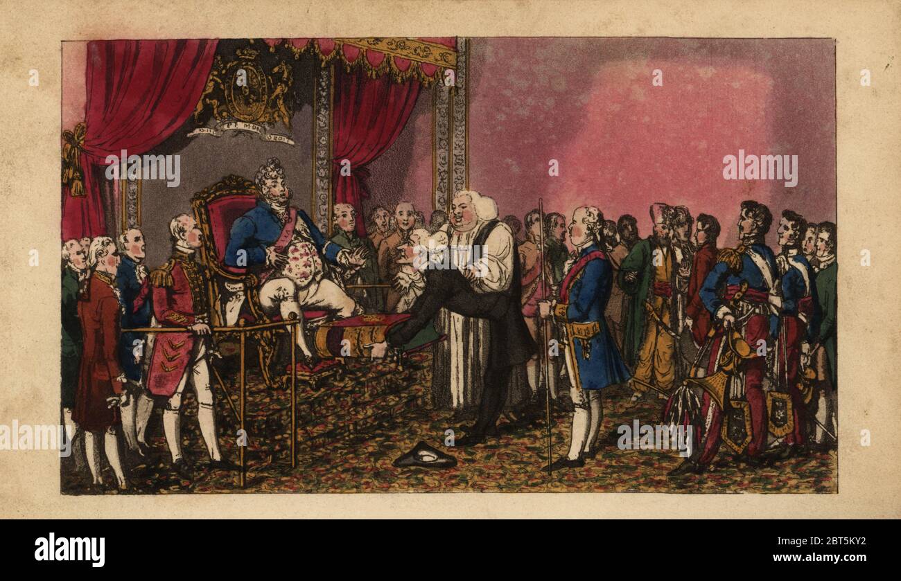 Scene in the court of King George IV of England, 1820. The obese king seated on a throne receiving visitors, diplomats, soldiers, etc. Doctor Syntax presents him with a massive book. Handcoloured copperplate engraving after an illustration by Isaac Robert Cruikshank from The Tour of Doctor Syntax through London, in the Pleasures and Miseries of the Metropolis, J. Johnson, London, 1820. Stock Photo