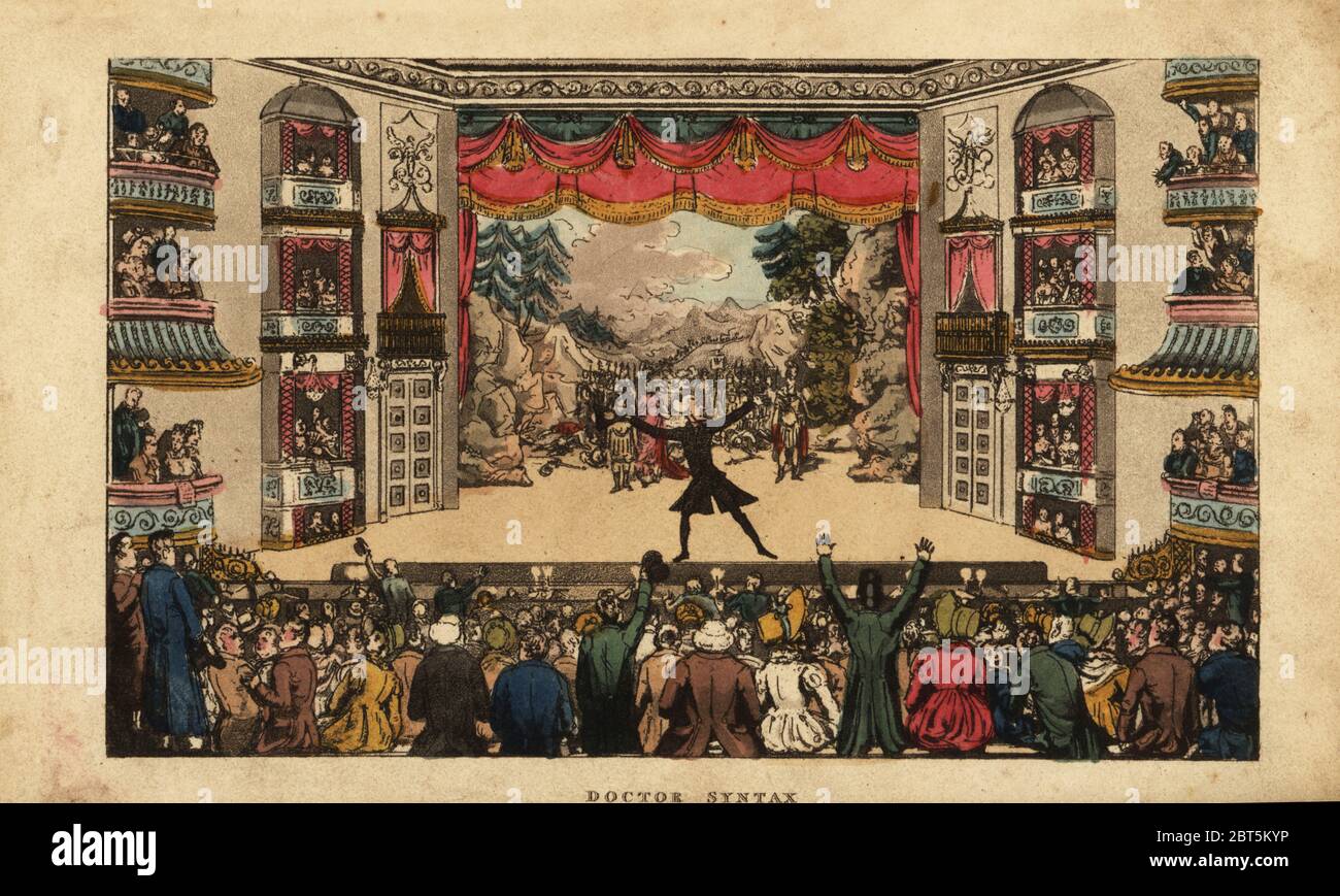 Amateur playwright booed and hissed by the audience on the first performance of his play. Doctor Syntax witnessing the fate of his play. Handcoloured copperplate engraving after an illustration by Isaac Robert Cruikshank from The Tour of Doctor Syntax through London, in the Pleasures and Miseries of the Metropolis, J. Johnson, London, 1820. Stock Photo