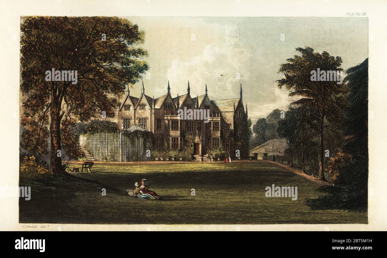North Court, Isle of Wight, the seat of Mrs. Bennet, sister to Isabella Percy, Countess of Beverley. Jacobean mansion with gardens. Handcoloured copperplate engraving after an illustration by John Gendall from Rudolph Ackermanns Repository of Arts, London, 1826. Stock Photo