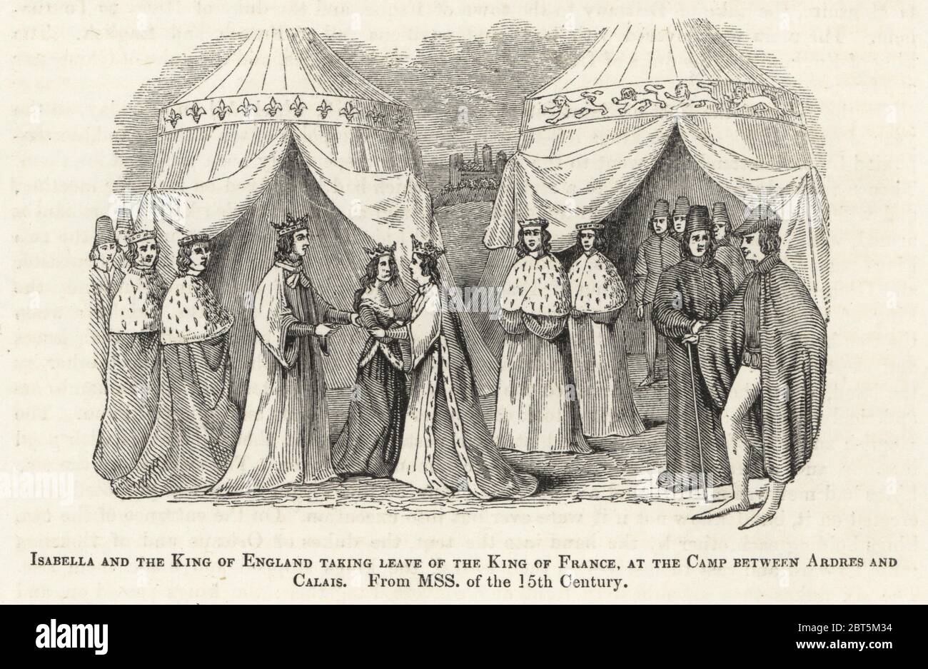 Isabella of Valois, daughter of King Charles VI of France, given in marriage to King Richard II of England in a tent between Ardres and Calais, 1396. The 7-year old princess is hugged by the 29-year-old king in front of courtiers in ermine and tents with fleur-de-lys and lions. Woodcut after an illuminated manuscript from Sir John Froissart's Chronicles of England, France, Spain and the Adjoining Countries, from the Latter Part of the Reign of Edward II to the Coronation of Henry IV, George Routledge, London, 1868. Stock Photo