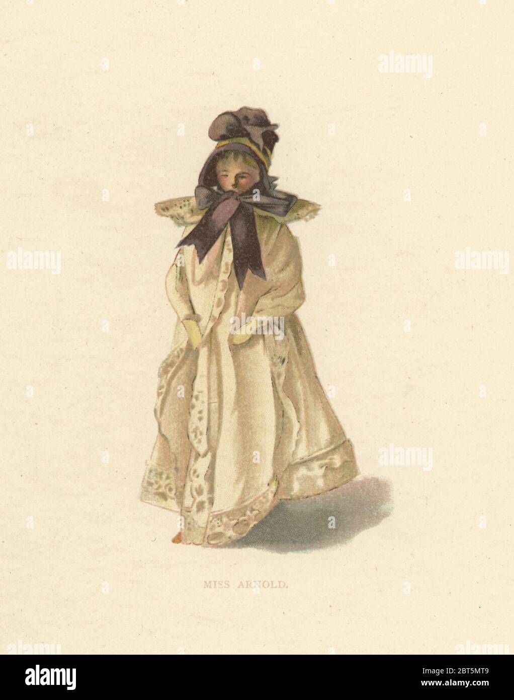 Doll representing Miss Arnold in poke bonnet, muslin frock, long fichu. Wooden doll dressed by the young Princess Victoria. Color plate after an illustration by Alan Wright from Frances H. Lows Queen Victorias Dolls, George Newness, London, 1894. Stock Photo