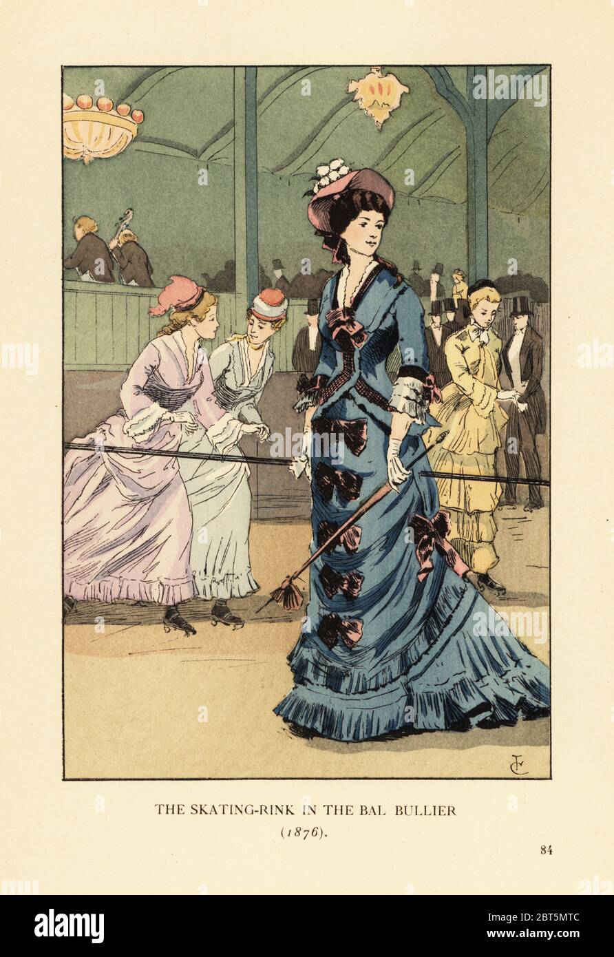 The skating rink in the Bal Bullier, 1876. Fashionable woman in dress with train and ribbon bows watching girls roller skating at Francois Bulliers ballroom, avenue de l'Observatoire, Paris. Band musicians in the balcony. Handcoloured lithograph by R.V. after an illustration by Francois Courboin from Octave Uzannes Fashion in Paris, William Heinemann, London, 1898. Stock Photo