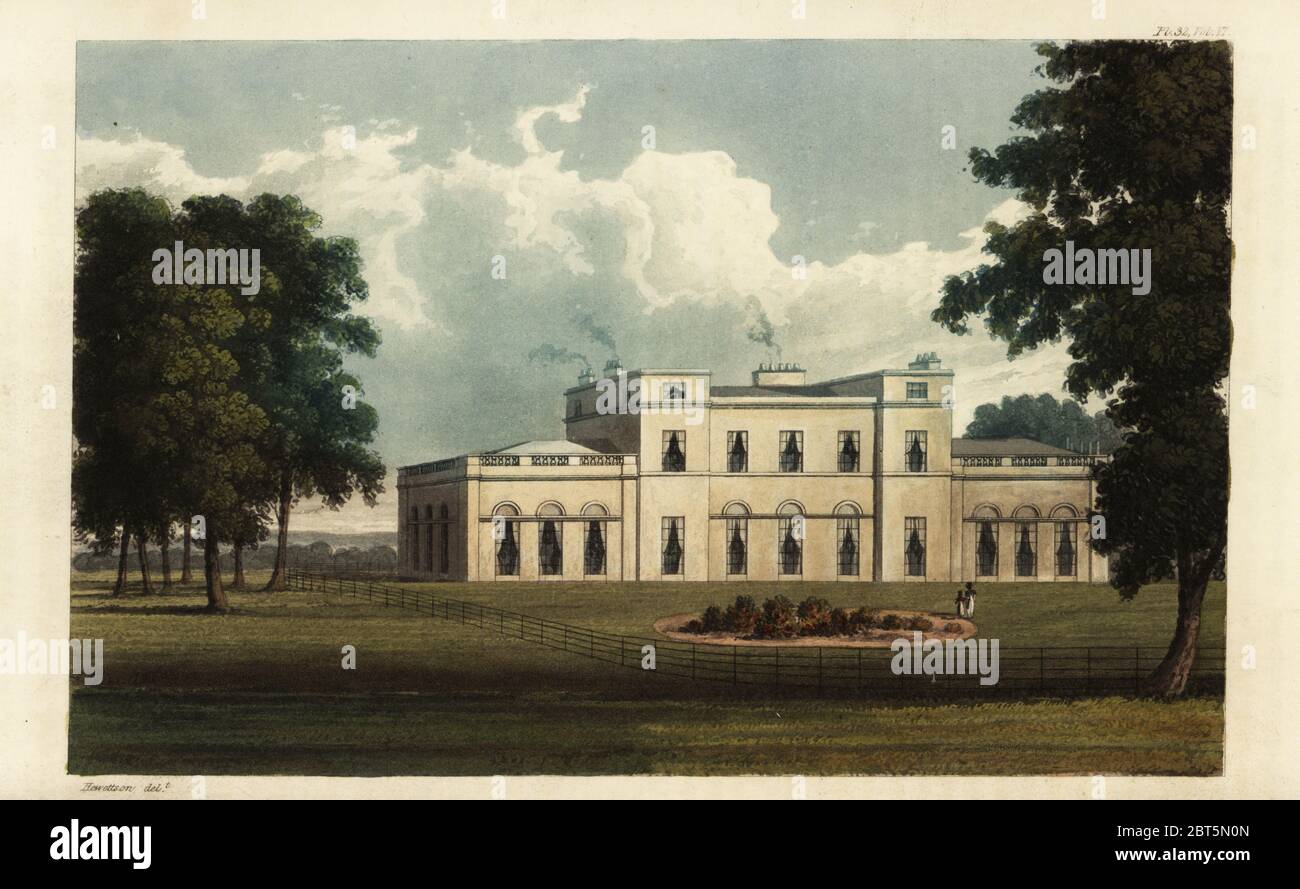 Worthy House, Winchester, the seat of Admiral Sir Charles Ogle. House designed by Robert Smirke in the modern Georgian style. Handcoloured copperplate engraving after an illustration by T. Hewetson from Rudolph Ackermanns Repository of Arts, London, 1825. Stock Photo