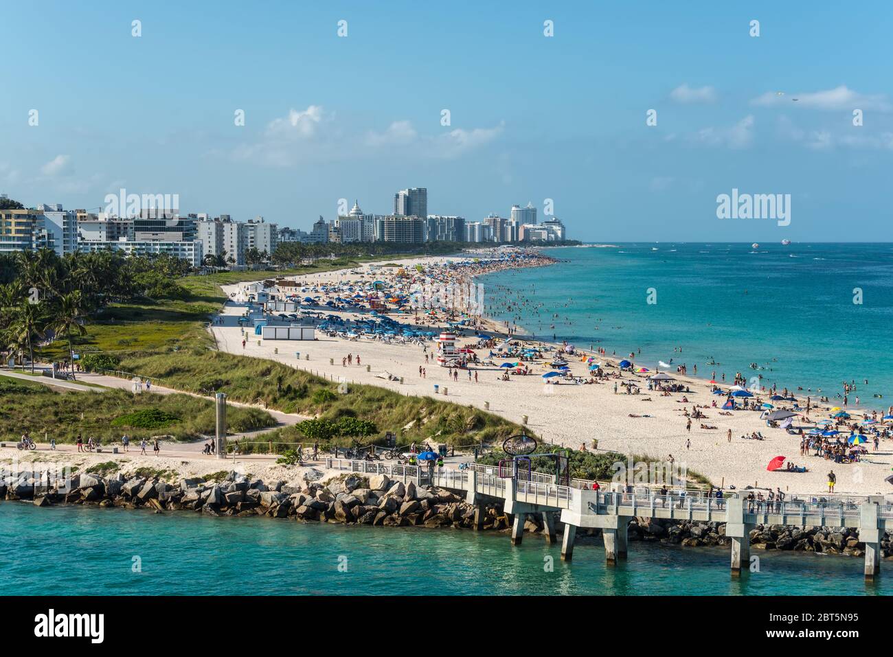 Miami, FL, United States - April 28, 2019: View of Miami Beach from a cruise ship in Miami, Florida, United States of America. Stock Photo