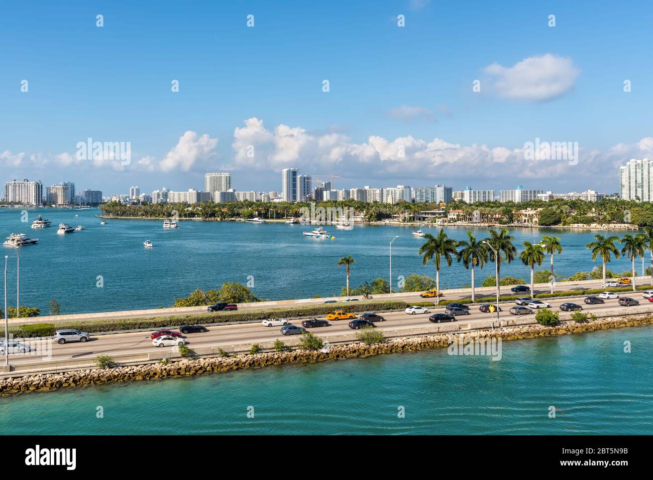 Miami, FL, United States - April 28, 2019: Causeway from downtown to Miami beach, Biscayne Bay and Star Island in Miami, Florida, United States of Ame Stock Photo