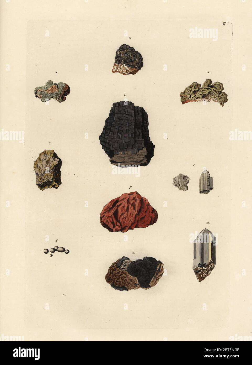 Varieties of lead ores and crystals. Handcoloured copperplate engraved