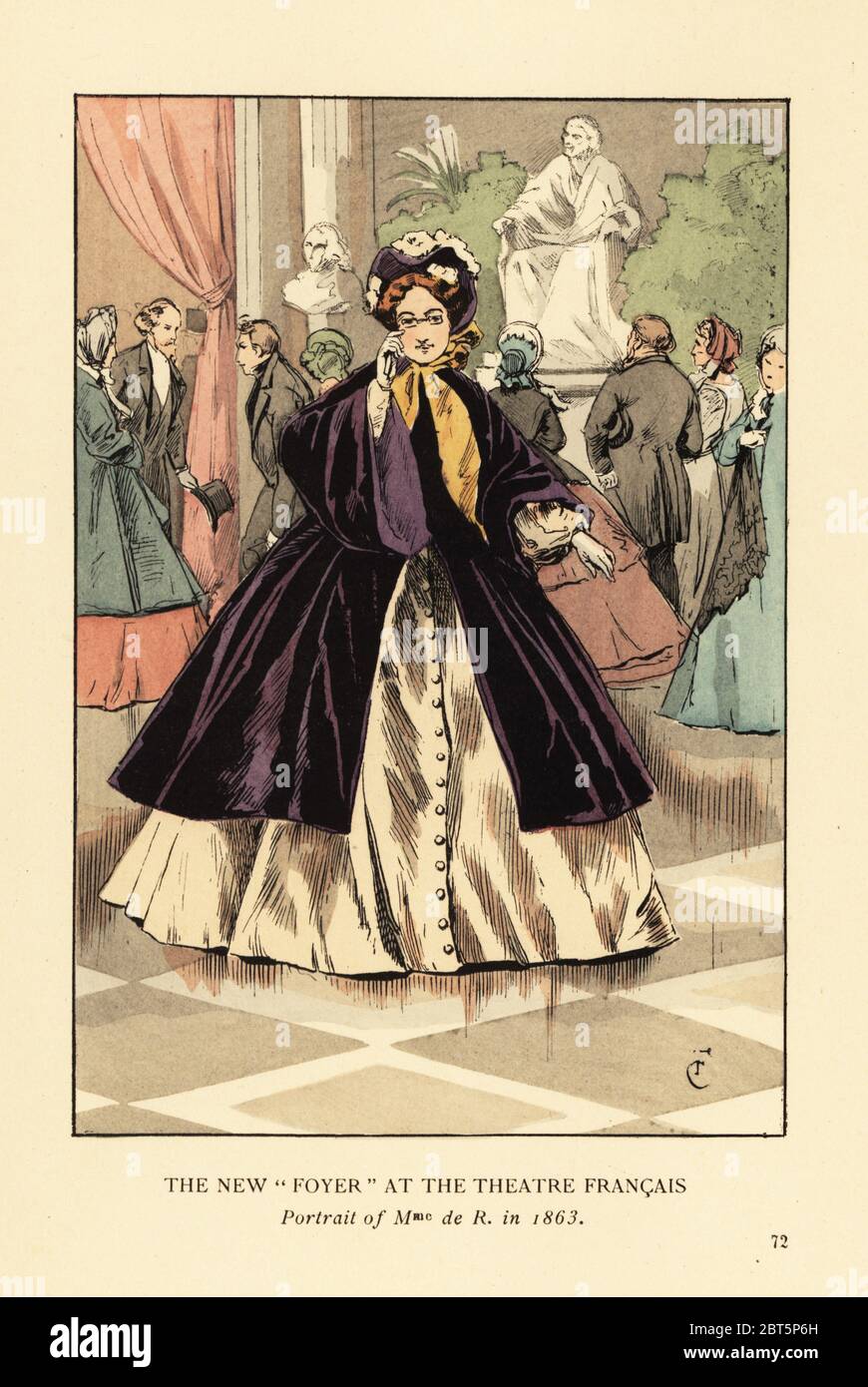The new foyer at the Theatre Francais, 1863. Portrait of Mme. de R. Woman  in cream crinoline dress with purple mantle, bonnet with yellow ribbon. New  foyer in the Comedie Francaise by