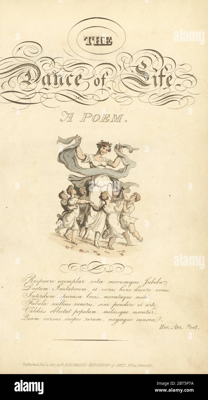 Title page with calligraphic title and vignette of woman dancing with children. Handcoloured copperplate engraving after an illustration by Thomas Rowlandson from William Coombes The Dance of Life, Rudolph Ackermann, London, 1817. Stock Photo