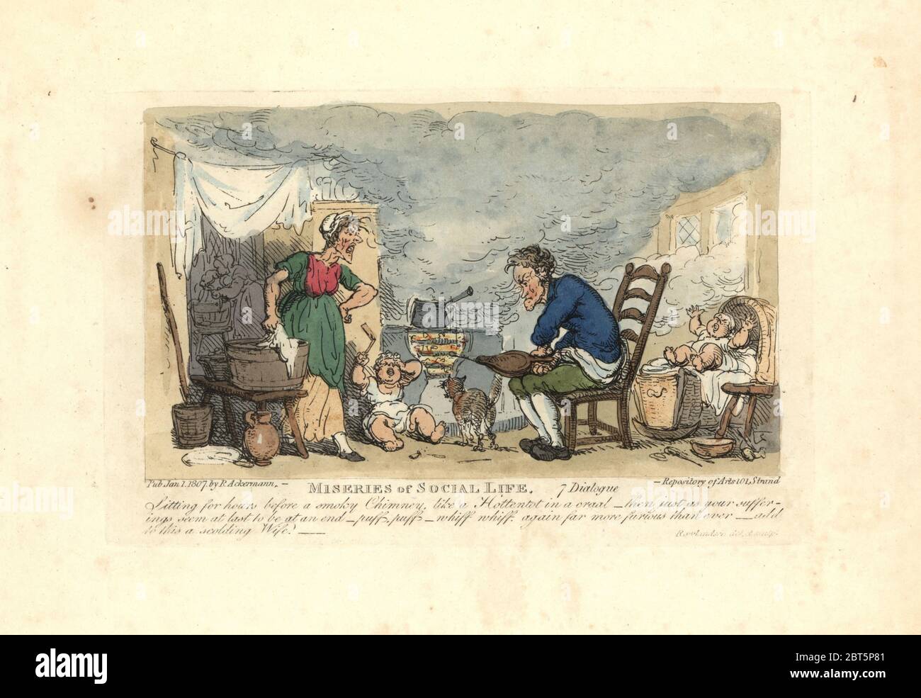 Man using bellows in front of a fire in a smoky room with a scolding wife and bawling child. Handcoloured copperplate engraving designed and etched by Thomas Rowlandson to accompany Reverend James Beresfords Miseries of Human Life, Ackermann, 1808. Stock Photo