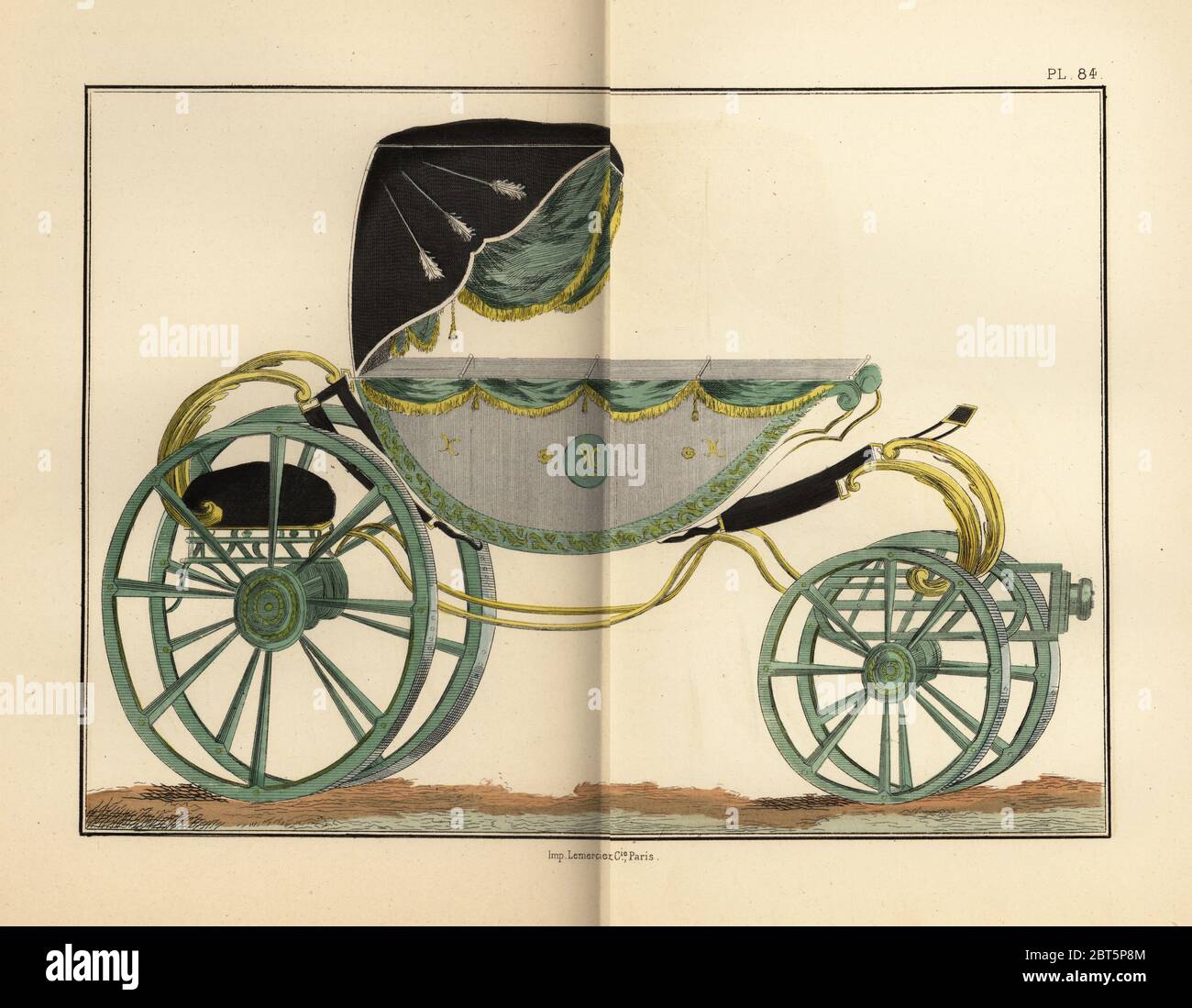 Marie Antoinettes four-wheel barouche carriage for a promenade. Caleche pour la promenade. Hand-coloured lithograph from Fashions and Customs of Marie Antoinette and her Times, by Le Comte de Reiset, Paris, 1885. The journal of Madame Eloffe, dressmaker and linen-merchant to the Queen and ladies of the court. Stock Photo