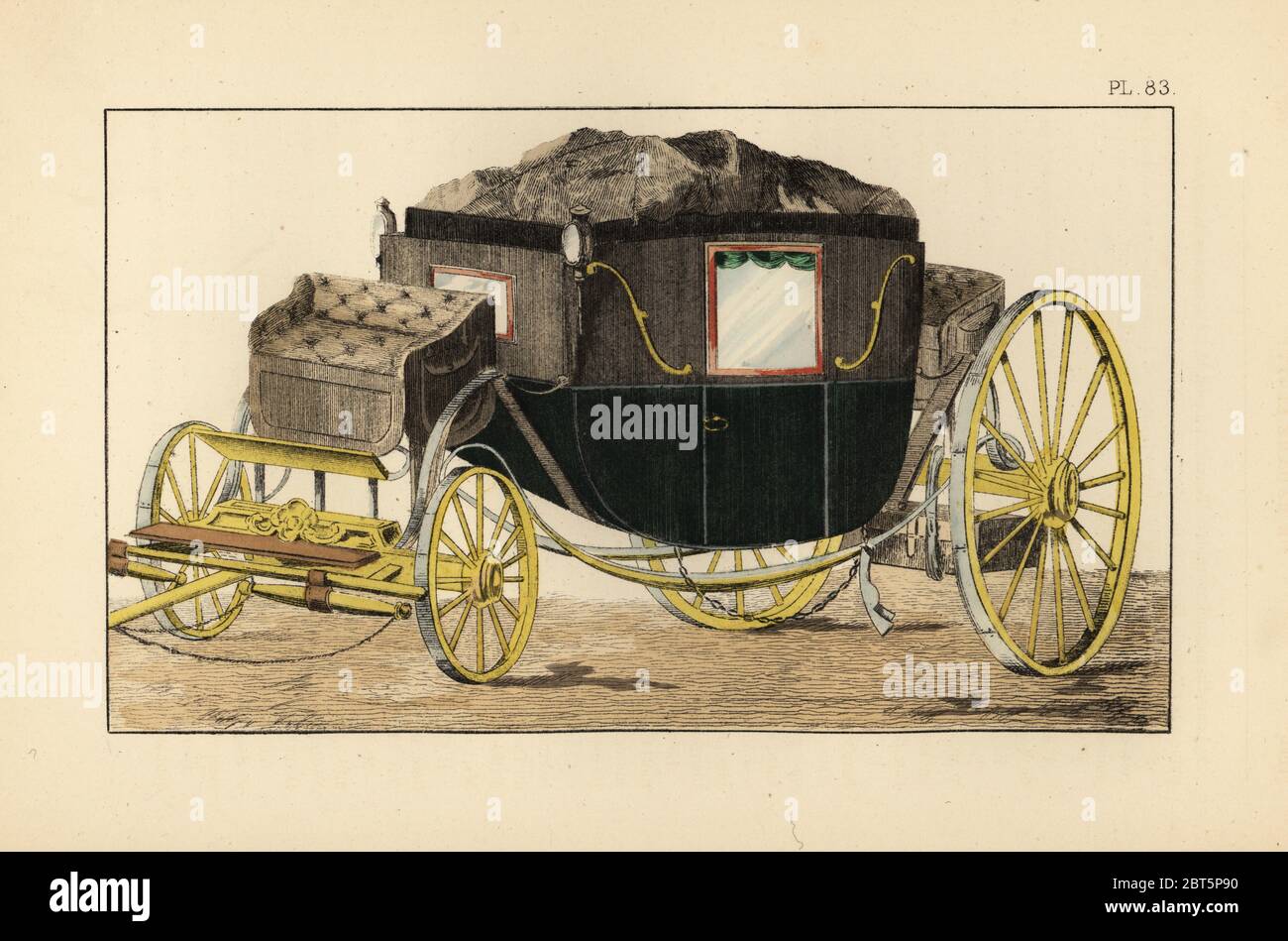 Marie Antoinettes four-wheel Berlin carriage for the flight to Varennes. Berline du voyage de Varennes. Hand-coloured lithograph from Fashions and Customs of Marie Antoinette and her Times, by Le Comte de Reiset, Paris, 1885. The journal of Madame Eloffe, dressmaker and linen-merchant to the Queen and ladies of the court. Stock Photo