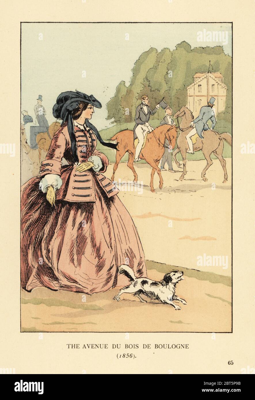 Woman in bonnet, jacket and wide crinoline with dog watching horse riders and carriages on the riding track. The avenue du Bois de Boulogne, Paris, 1856. Handcoloured lithograph by R.V. after an illustration by Francois Courboin from Octave Uzannes Fashion in Paris, William Heinemann, London, 1898. Stock Photo