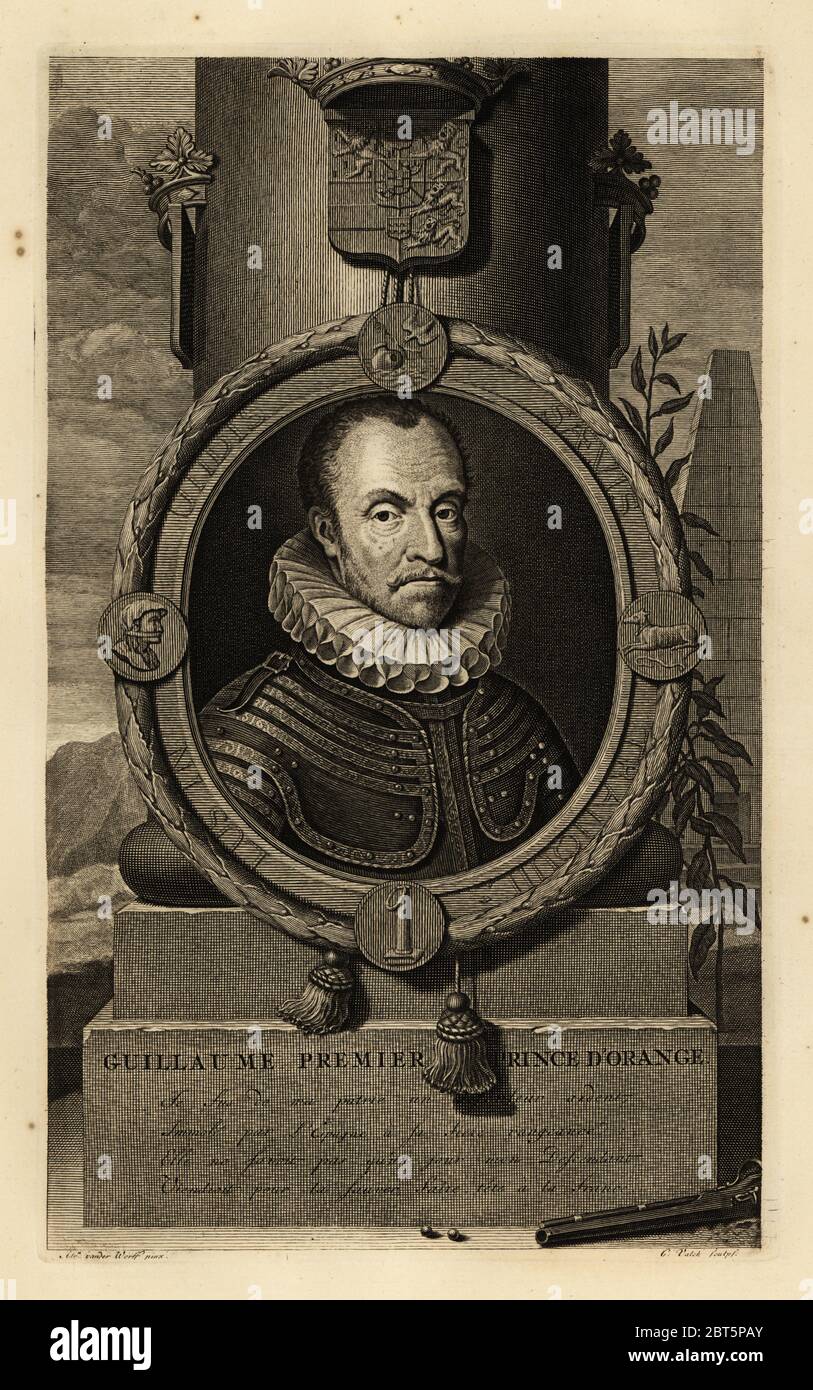 William I, Prince of Orange, William the Silent or William the Taciturn. Guillaume, Premiere Prince dOrange. In suit of armour with lace ruff, coat of arms above, flintlock pistol and lead shot below. Copperplate engraving by Gerard Valck after Adriaen van der Werff from Isaac de Larreys Histoire dAngleterre, dEcosse et dIrlande, Amsterdam, 1730. Stock Photo