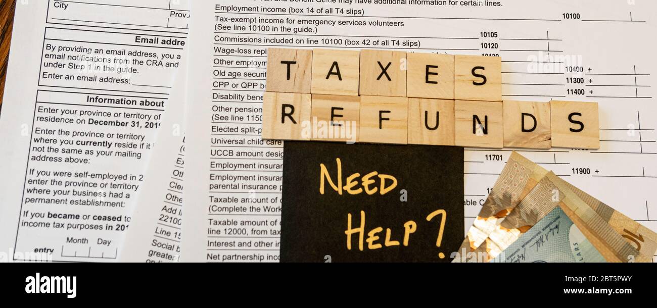 New Canadian personal tax forms and letter tiles showing refunds and