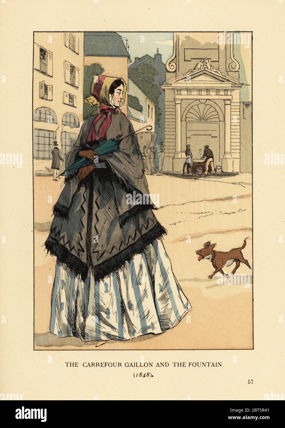 Woman in front of the fountain at Place Gaillon, Paris. She wears a cashmere shawl with arm holes called la visite over her crinoline. The carrefour Gaillon and the fountain, 1848. Handcoloured lithograph by R.V. after an illustration by Francois Courboin from Octave Uzannes Fashion in Paris, William Heinemann, London, 1898. Stock Photo