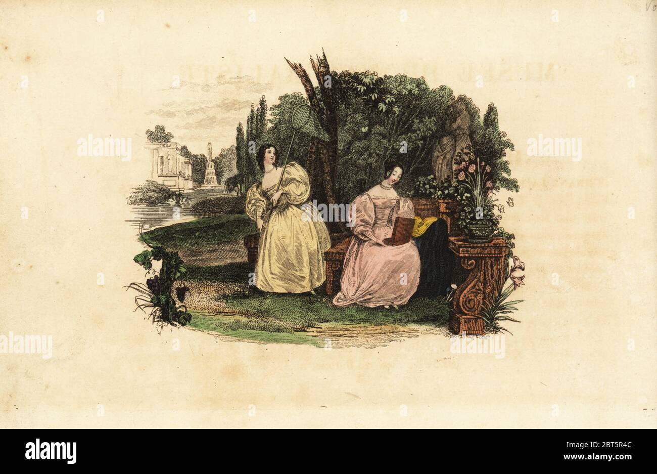 Women entomologists catching butterflies in a garden, mid 19th century. Handcoloured lithograph from Musee du Naturaliste dedie a la Jeunesse, Histoire des Papillons, Hippolyte and Polydor Pauquet, Paris, 1833. Stock Photo