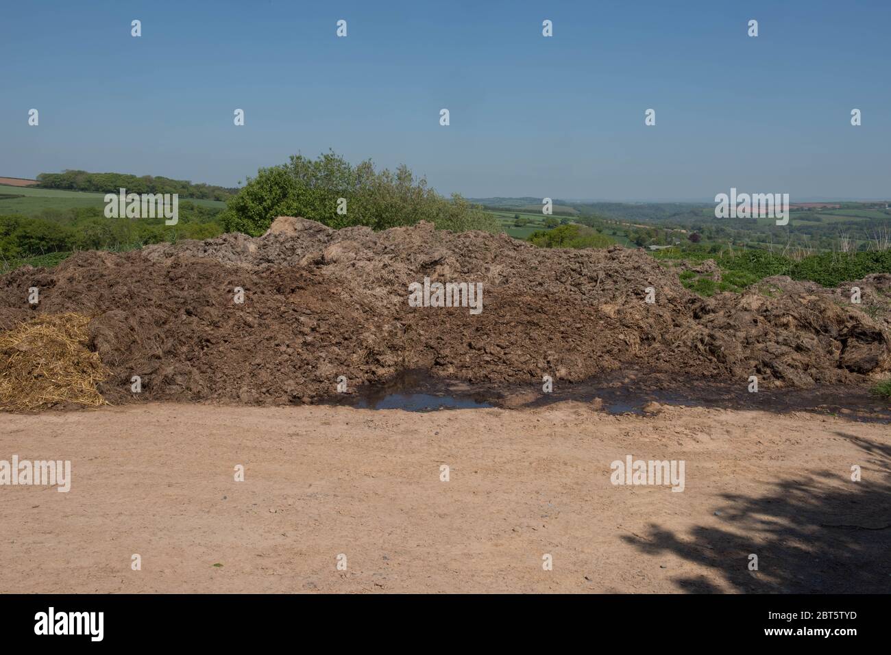 Dung Heap in a Farm Yard with a Blue Sky Background and Panoramic View of the Rural Devon Countryside, England, UK Stock Photo