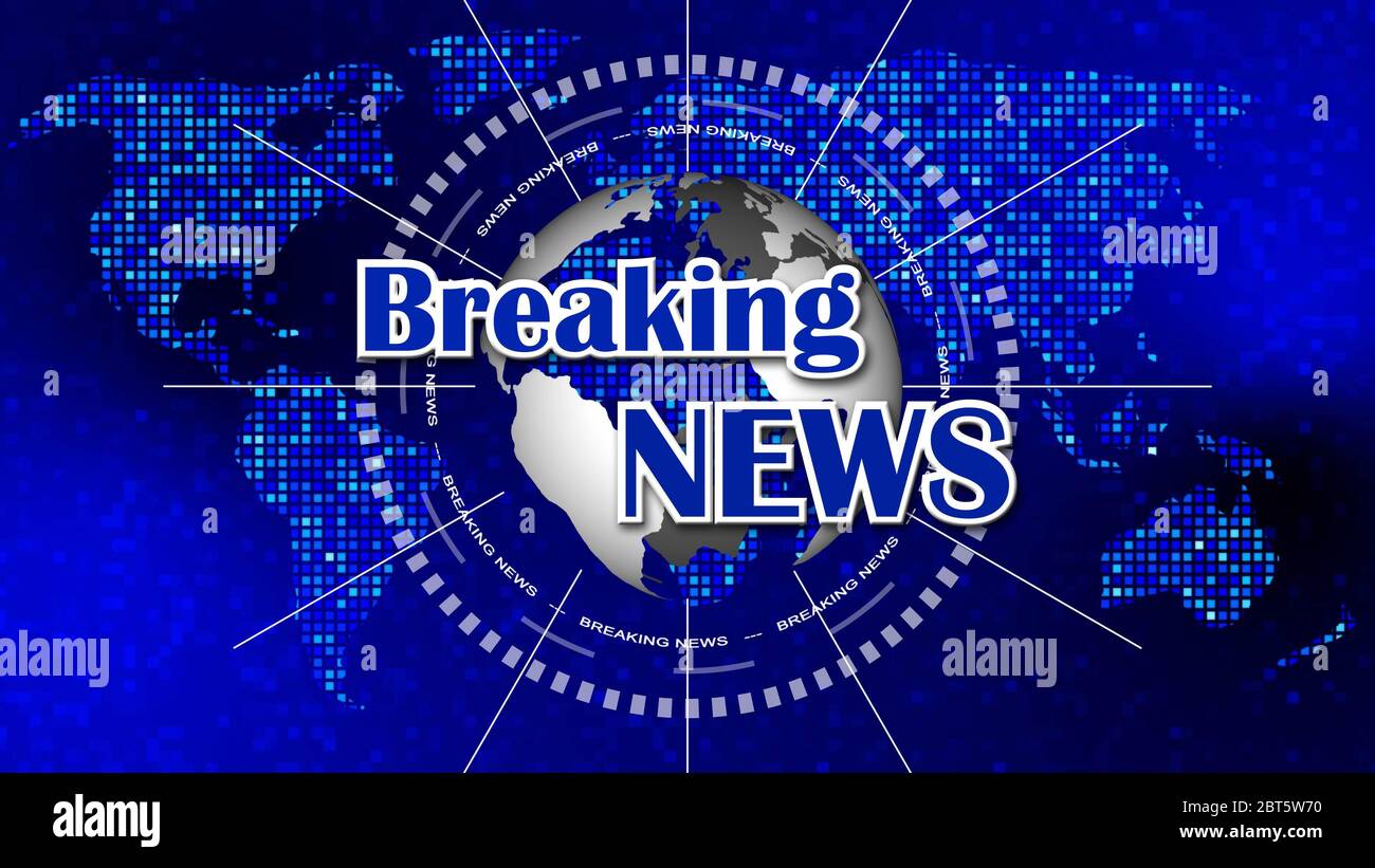Earth Globe In Front Of The Stylized World Map Made Of Blue Square Elements As Background Breaking News Lettering With Representation In A Ring Bann Stock Photo Alamy