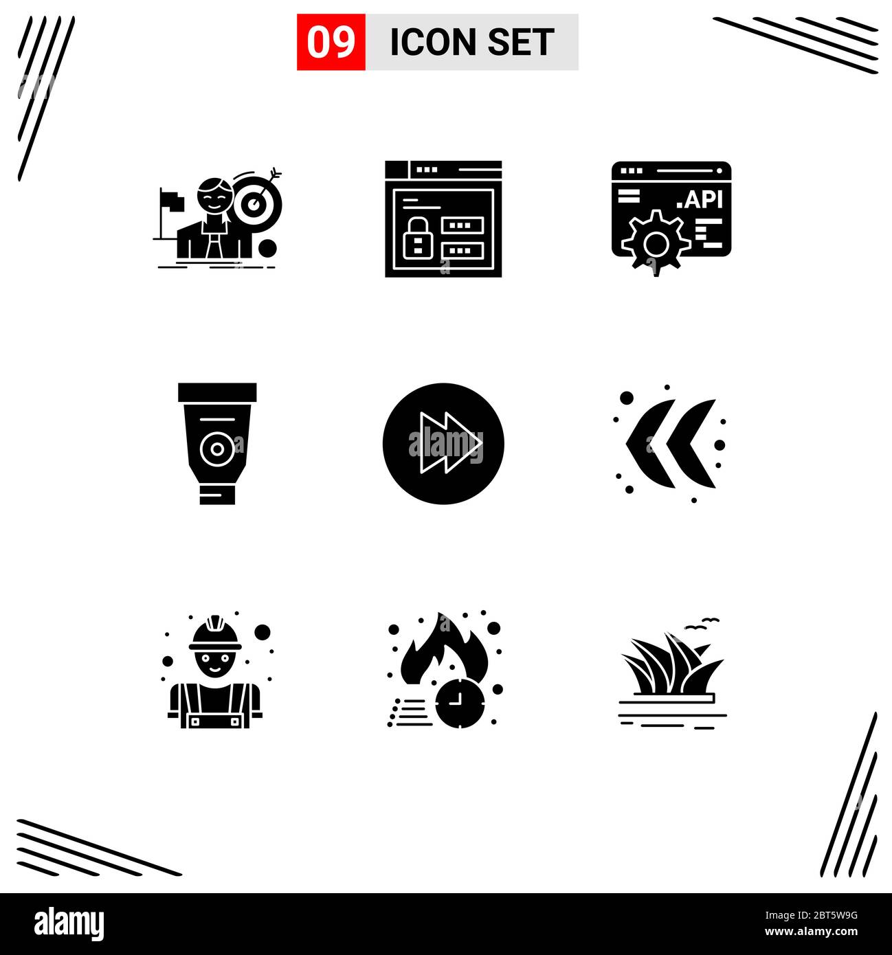 9 User Interface Solid Glyph Pack of modern Signs and Symbols of multimedia, mechanic, code, glue, cream Editable Vector Design Elements Stock Vector