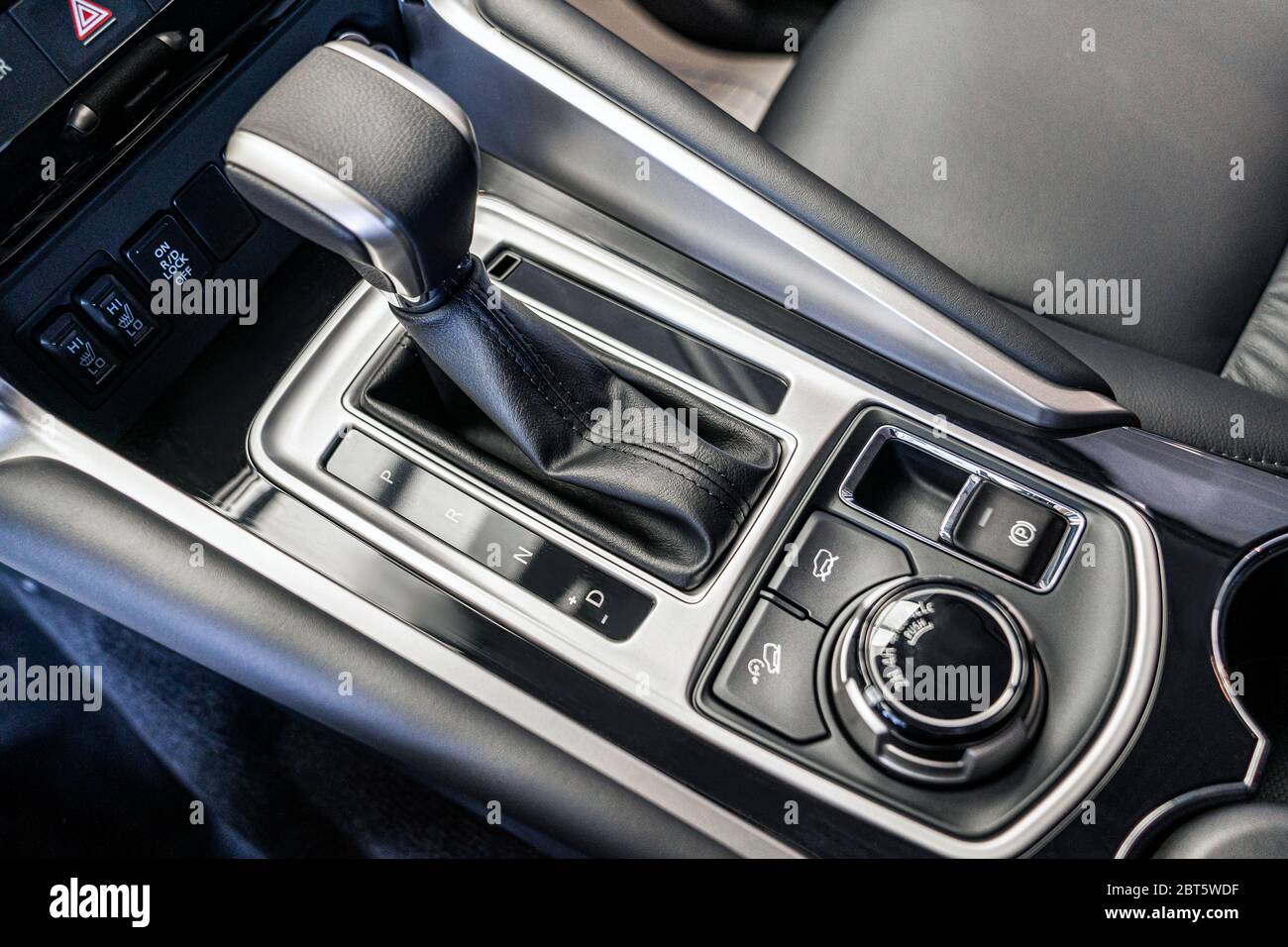 automatic transmission of the car. close-up view from above in the car interior. Stock Photo