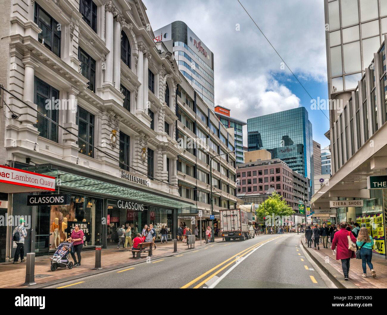 Historic Whitcoulls Building, 1908, Edwardian Classical style, modern office buildings at Lambton Quay, Downtown Wellington, North Island, New Zealand Stock Photo