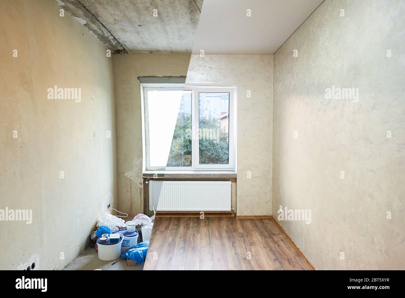 Room in private house before and after renovation works, window, sill, light wallpapers and wood textured laminate, renovation concept Stock Photo
