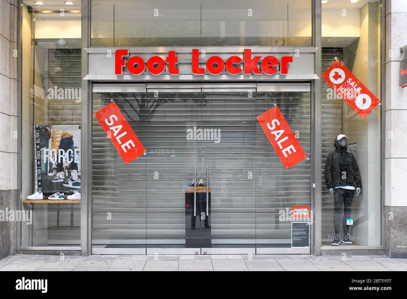 Hamburg, Germany - 05 03 2020: Foot Locker store on Mönckebergstrasse with large sale stickers. Stock Photo