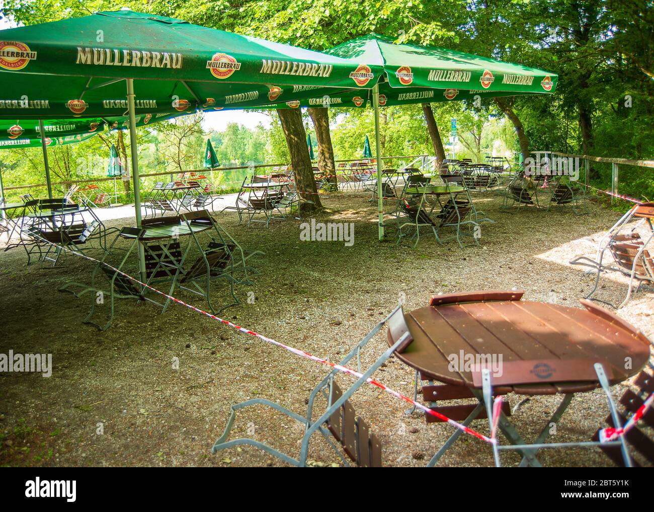 Perach,GermanyMay 22,2020 View of a cordoned off Biergarten with