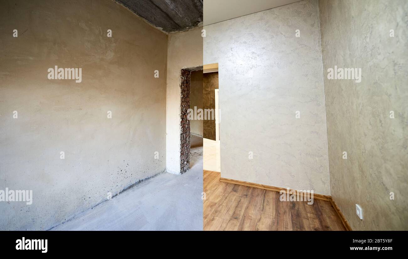 Room modernization, empty concrete area vs new empty rebuilt room with wood laminate, shiny beige wallpaper, reconstruction concept Stock Photo