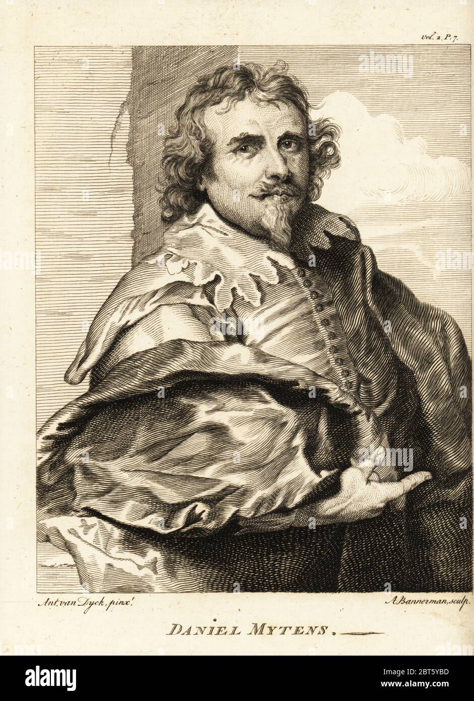 Portrait of Daniel Mytens the Elder or Daniël Mijtens, Dutch portrait painter who worked in England, c.1590-1648. Copperplate engraving by Alexander Bannerman after a portrait by Anthony van Dyck from Horace Walpole’s Anecdotes of Painting in England, London, 1765. Stock Photo